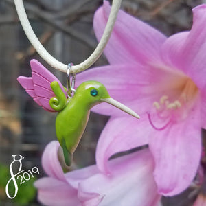 Fairy Pink and Green Hummingbird Necklace